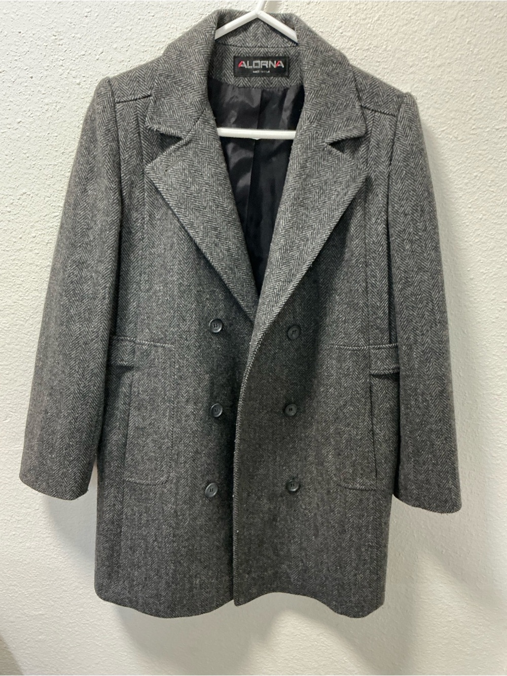 Vtg ALORNA Women's Gray Double-Breasted Herringbone wool Peacoat size medium 20”